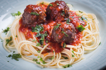 Meat balls with spaghetti pasta and tomato sauce