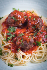 Meat balls with spaghetti pasta and tomato sauce