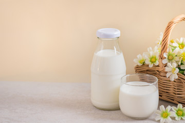 Glass of milk and milk bottle on table
