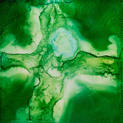 Square watercolor with a green and white cross.