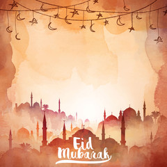 Eid Mubarak watercolor mosque silhouette illustration