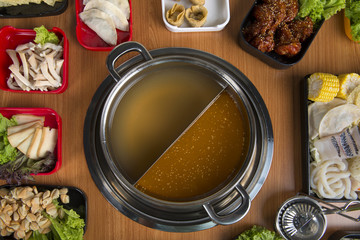  hot pot with double flavour flat lay view