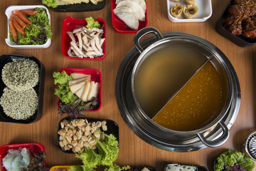  hot pot with double flavour flat lay view