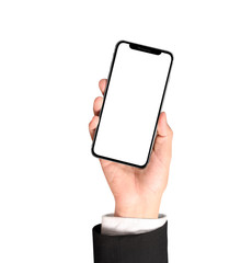 hand holding smartphone device and touching screen