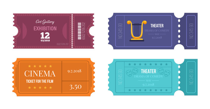 Set of tickets on various events: theater, cinema, art gallery.