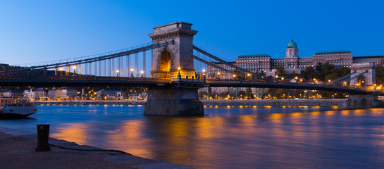 Fototapeta premium Photo of night Chain Bridge near Buda Fortress in Hungary