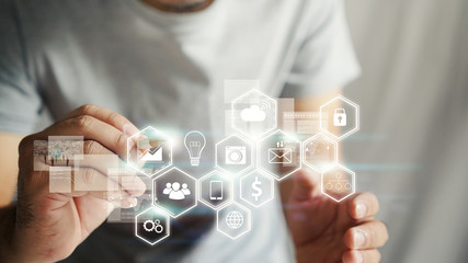 Application icons interface on screen. Social media concept