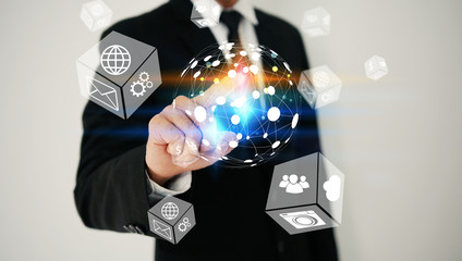 hand touching point on global network. Social network concept. Connecting
