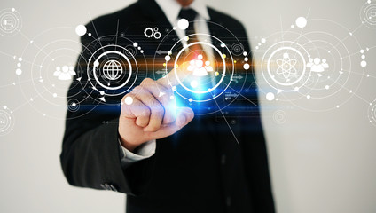 hand touch screen social icons . social media concept