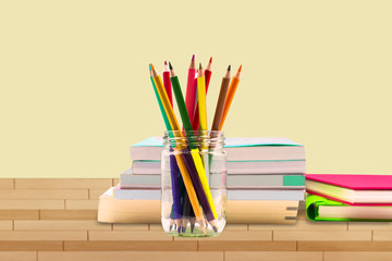 Fototapeta premium Books ,pen,penci and office equipment on wood table, education and back to school concept,Clipping path