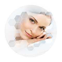 Young and beautiful woman in spa. Collage with honeycomb mosaic tiles. Massaging and healing concept.