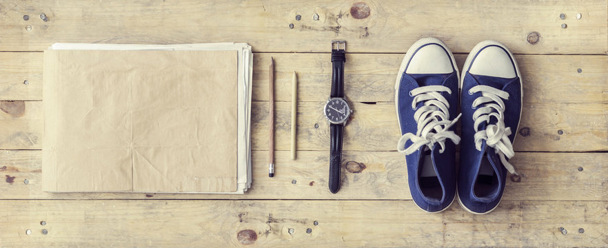 Outfit of a stylish traveler or a freelance journalist. Set of different objects and equipment.