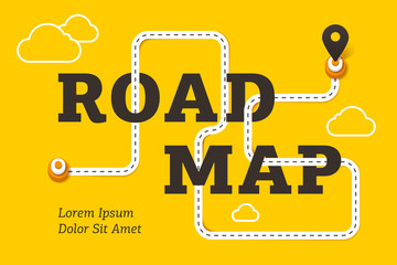 Road map business concept with winding road and pin pointer on yellow background. Minimalistic business infographics, process direction, timeline diagram, digital marketing vector illustration.