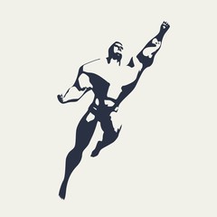 Bodybuilder silhouette. Muscular man flying. Super hero sketch