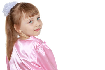 Little blonde girl in red dress.