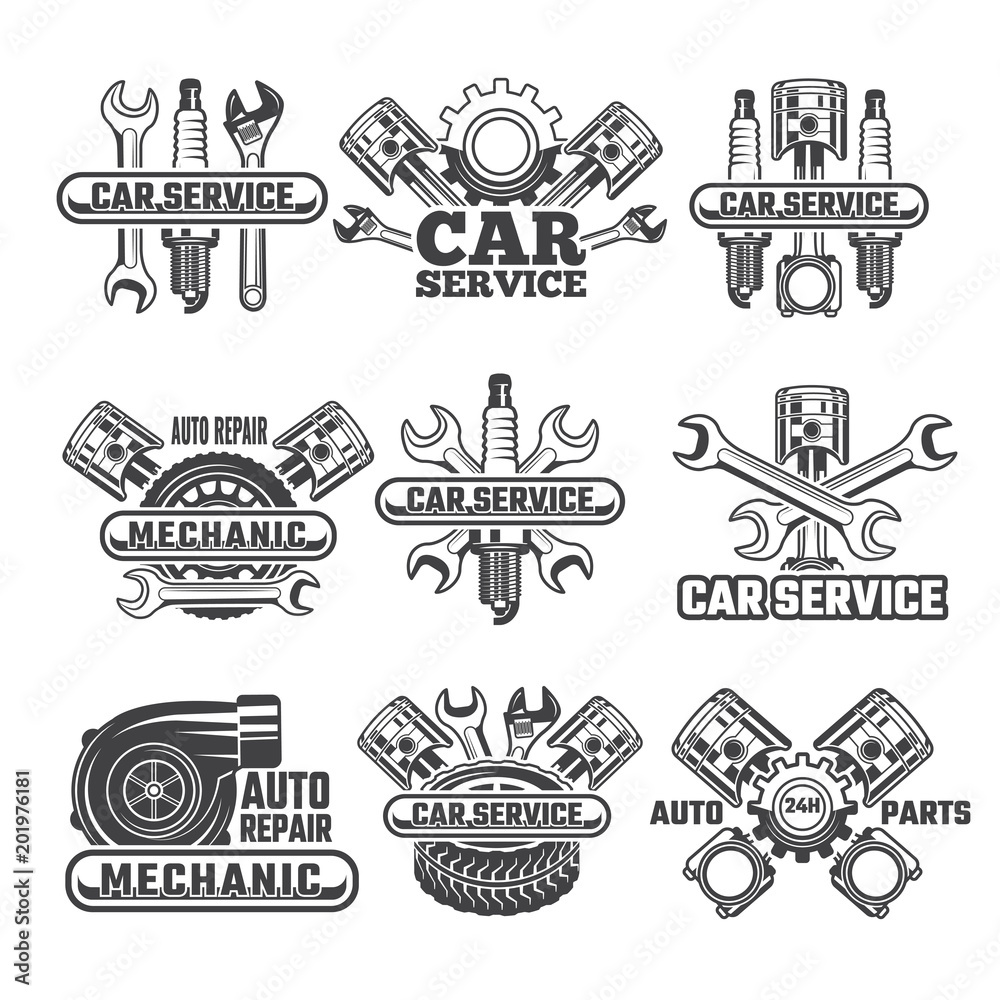 Wall mural design template of labels and badges with automobile tools and details