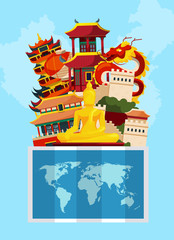 Fototapeta premium Vector concept illustration with flat style china sights above world map