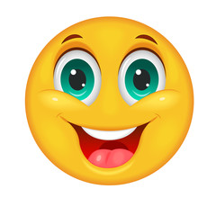 Smiling smiley face. Smiling big yellow smiley face on white background. Funny smiley face. 