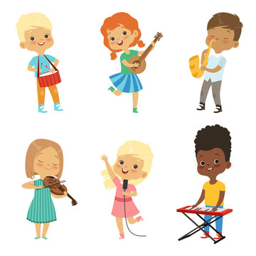 Various cartoon kids musicians
