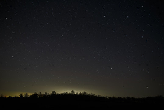 Bright stars in the night sky in a forest. Landscape with a long exposure.