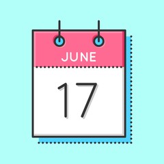 Vector Calendar Icon. Flat and thin line vector illustration. Calendar sheet on light blue background. June 17th