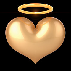 Heart angel saint love God nimb halo golden icon. Valentine's Day romantic emotion paradise heaven symbol. 3d illustration isolated on black background - obrazy, fototapety, plakaty