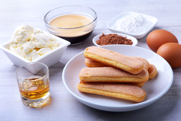 ingredient for homemade tiramisu cake in close up.