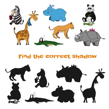 Find the correct shadow. Kids game. Zoo animals in cartoon style. Puzzle with black silhouette