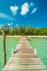 Wooden pier or bridge with tropical beach and sea in paradise island