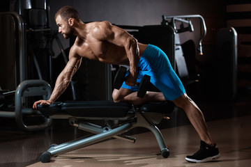 Fototapeta na wymiar Powerful young bodybuilder exercising in modern gym with dumbbells