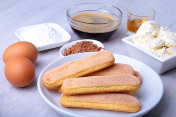 ingredient for homemade tiramisu cake in close up.