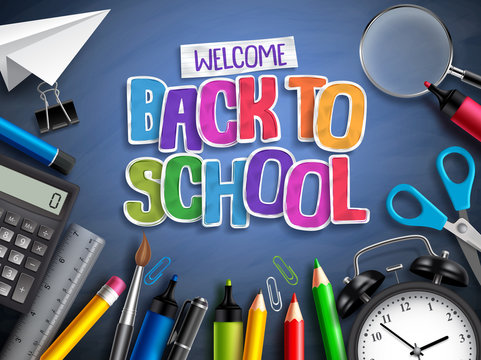 Back to school vector banner concept with school elements, education items and colorful paper cut welcome text in blue texture background. Vector illustration.
