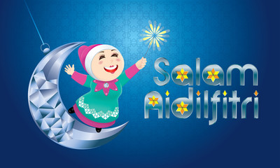Naklejka premium A Muslim girl playing fireworks on a swinging moon, with Malay pattern background. The words 