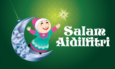 Fototapeta premium A Muslim girl playing fireworks on a swinging moon, with Malay pattern background. The words 