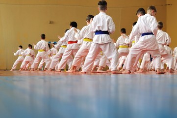 Children's training on karate-do. Banner with space for text. For web pages or advertising printing. Photo without faces, from the back. © Uladzimir