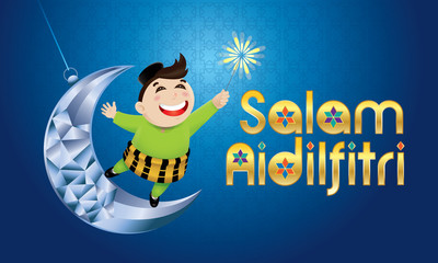 A Muslim boy playing fireworks on a swinging moon, with Malay pattern background. The words 