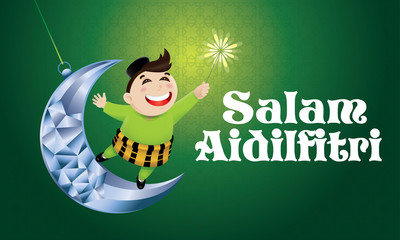 Fototapeta premium A Muslim boy playing fireworks on a swinging moon, with Malay pattern background. The words 