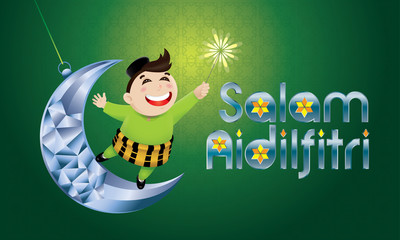 Fototapeta premium A Muslim boy playing fireworks on a swinging moon, with Malay pattern background. The words 