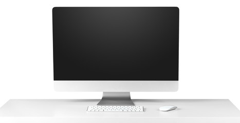 Computer monitor black screen with keyboard on white table. Education or business concept