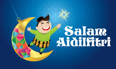 Fototapeta premium A Muslim boy playing fireworks on a swinging moon, with Malay pattern background. The words 