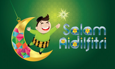 Fototapeta premium A Muslim boy playing fireworks on a swinging moon, with Malay pattern background. The words 