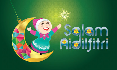 Fototapeta premium A Muslim girl playing fireworks on a swinging moon, with Malay pattern background. The words 