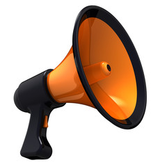 Megaphone news blog loudspeaker communication announce declaration attention symbol. Bullhorn orange black icon. Propaganda agitation advertising sale message concept. 3d illustration