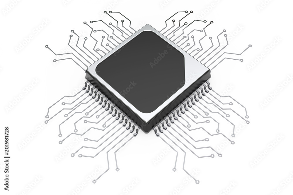 Poster Microchip CPU Processor with Circuit. 3d Rendering