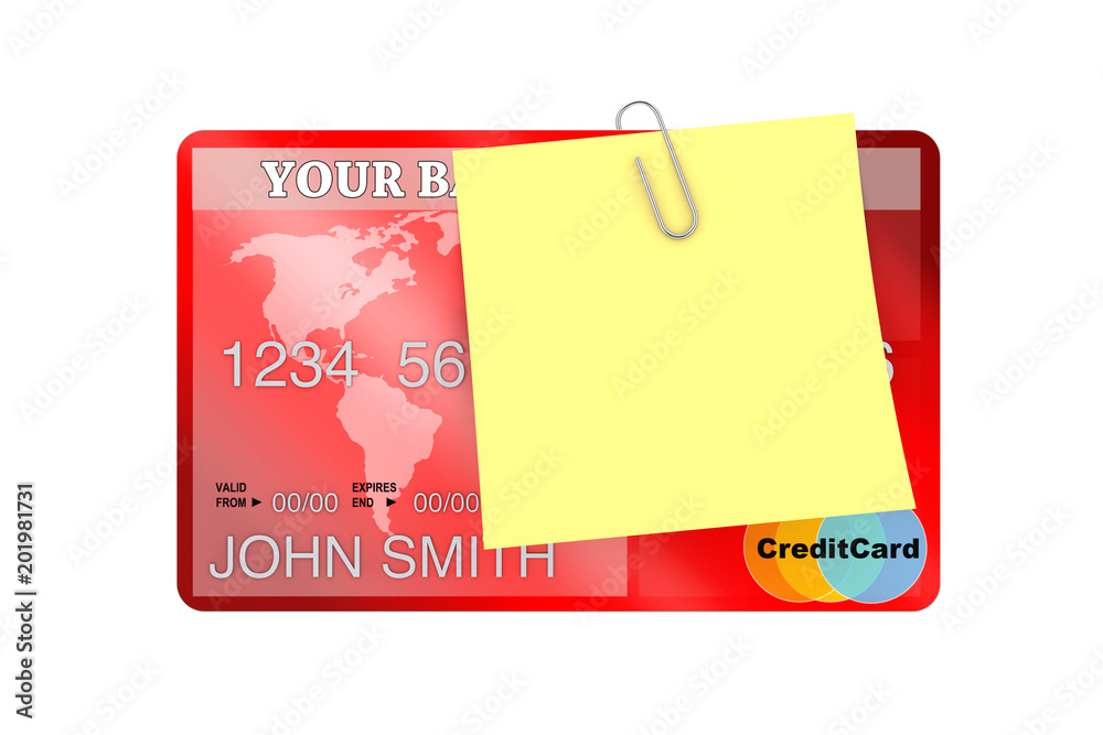 Poster yellow note paper with blank space for your design over bank credit card. 3d rendering