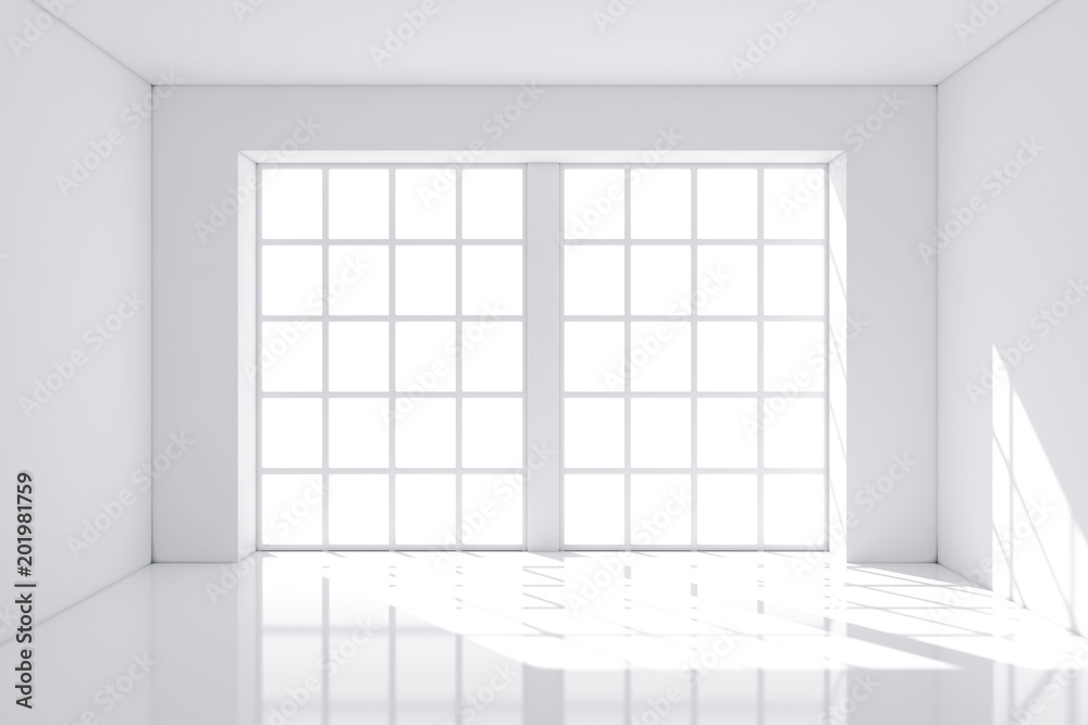 Fototapete white empty room with walls and big window. 3d rendering