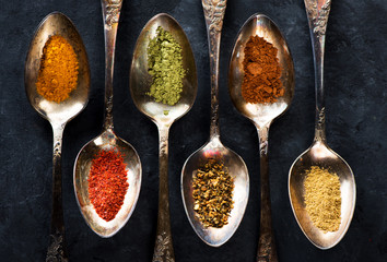 Spices in spoons background. Powder seasoning, spices and spicy.