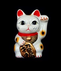Japan lucky cat or Maneki Neko with Japanese characters mean Good luck and fortune on gold medal on  black background
