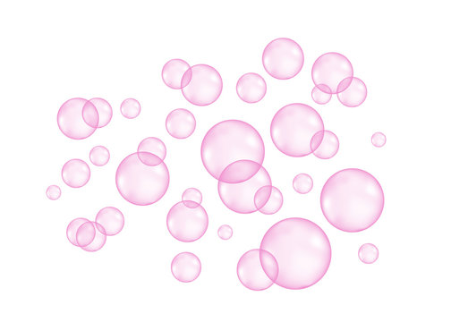  Fizzing air or water pink  bubbles on white  background.