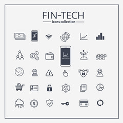 fintech web icon set - money, finance, payments, wallet, digital money, investment, Financial Technology. Modern flat design